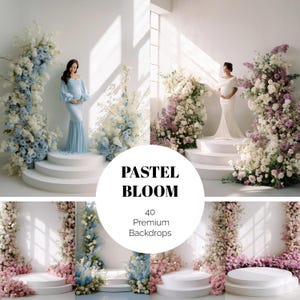 Könnte beinhalten: Eine Sammlung von 40 digitalen Fotohintergründen mit dem Titel PASTEL BLOOM, die weiße kreisförmige Podeste zeigen, umgeben von Arrangements aus blauen, rosa, weißen und violetten Blumen, mit weicher natürlicher Beleuchtung.