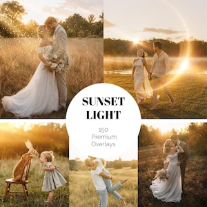 May include: A digital collection of 150 SUNSET LIGHT Premium Overlays featuring various outdoor scenes including couples in wedding attire, a child with a rabbit, and people in fields, all illuminated by warm, golden hour sunlight and lens flares.