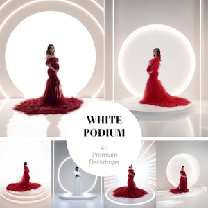 Può includere: Una collezione di immagini che mostrano abiti premaman e sfondi. L'immagine principale presenta una donna in un abito rosso piumato, in piedi davanti a una luce circolare bianca. È visibile anche il testo "WHITE PODIUM" e "45 Premium Backdrops".