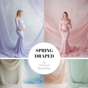 May include: A collage featuring two pregnant individuals in flowing gowns, draped with fabric. The gowns are lavender and pink. The image includes the text "SPRING DRAPED" and "45 Premium Backdrops."