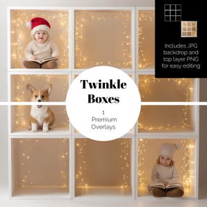 May include: A white grid of nine cubby shelves, each with a warm, glowing light border. The image features a baby in a Santa hat, a corgi, and a child reading. The text reads "Twinkle Boxes" and "1 Premium Overlays."