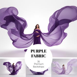 May include: A pregnant person in a purple dress with flowing fabric. The fabric is arranged to create a dramatic effect. The image includes the text "PURPLE FABRIC" and "35 Premium Backdrops".
