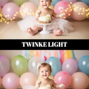 May include: A baby sits in front of colourful balloons, wearing a white tutu and a flower in their hair. A small cake sits on a white pedestal. The text "TWINKE LIGHT" is displayed in a black banner.