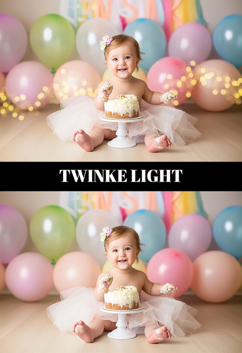 May include: A baby sits in front of colourful balloons, wearing a white tutu and a flower in their hair. A small cake sits on a white pedestal. The text "TWINKE LIGHT" is displayed in a black banner.