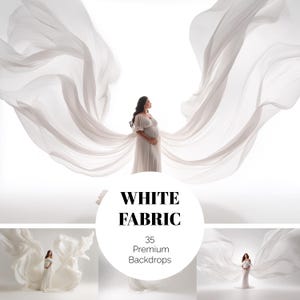 以下が含まれることがあります： 白いドレスを着た妊娠中の人が、流れる白い布の中に立っています。画像は白い背景に設定されています。「WHITE FABRIC」と「35 Premium Backdrops」の文字が円形のグラフィックで表示されています。