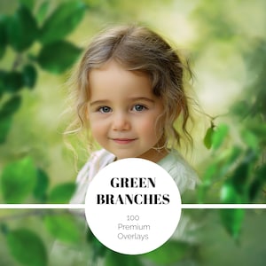 May include: A young child with blonde hair and blue eyes smiles, surrounded by green foliage. A white circle with the text "GREEN BRANCHES" and "100 Premium Overlays" is in the foreground.