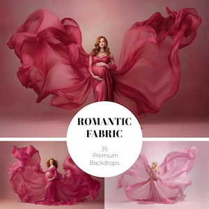 May include: A woman in a flowing, red maternity gown with matching fabric billowing around her. The image has the text "ROMANTIC FABRIC" and "35 Premium Backdrops" in a white circle. The background is a soft, pinkish-red.