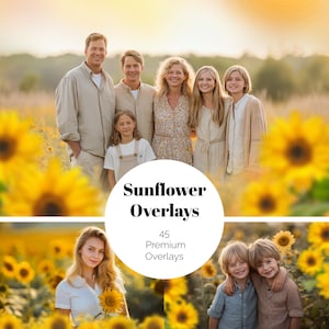 Könnte beinhalten: Eine Familie steht in einem Sonnenblumenfeld, mit einem kreisförmigen Overlay mit der Aufschrift "Sunflower Overlays" und "45 Premium Overlays". Das Bild hat eine warme, goldene Farbpalette, mit den Sonnenblumen in voller Blüte.