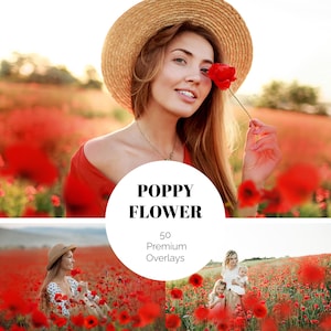 Peut inclure: Une femme portant un chapeau de paille et une robe rouge tient un coquelicot rouge dans un champ de coquelicots rouges. L'image comprend le texte "POPPY FLOWER" et "50 Premium Overlays".