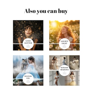 May include: Image showcasing four product categories: Gold Glitter, Golden Light, Mystery Fog, and Window Shadows. Each category includes a photo and the number of premium overlays available. The text "Also you can buy" is at the top.