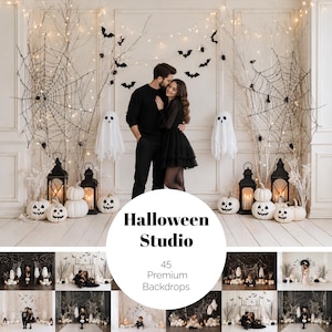 Könnte beinhalten: Eine digitale Sammlung von 45 Halloween-Studio-Hintergründen mit weißen Geistern, schwarzen Spinnennetzen, Fledermäusen, Laternen und geschnitzten Kürbissen. Der zentrale Text lautet Halloween Studio 45 Premium Backdrops und zeigt verschiedene Fotokulissen.
