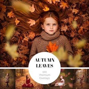 Puede incluir: Una colección digital de 100 superposiciones de hojas de otoño premium con varias escenas de niños en entornos otoñales, incluyendo un niño acostado en hojas de arce marrones, un niño con vestido rojo y un niño con un paraguas transparente.