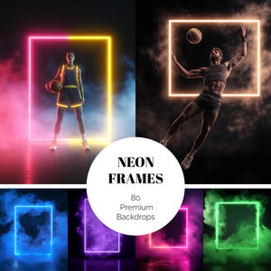 May include: A composite image featuring athletes and neon frames. The image includes a basketball player and a basketball, set against a backdrop of vibrant colors and smoke. The text "NEON FRAMES" and "80 Premium Backdrops" is also present.