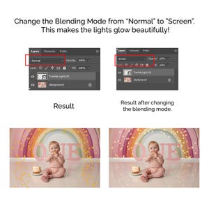 May include: An image demonstrating a photo editing technique. The text explains how to change the blending mode from 'Normal' to 'Screen' to enhance lighting effects. The image shows the before and after results of the change.