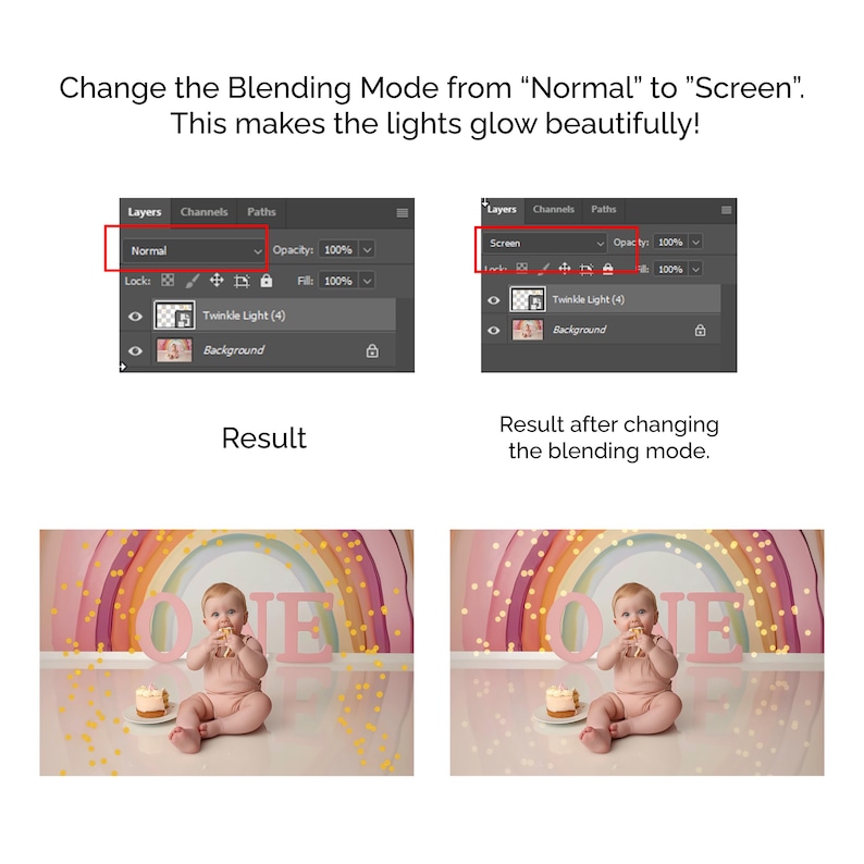 May include: An image demonstrating a photo editing technique. The text explains how to change the blending mode from 'Normal' to 'Screen' to enhance lighting effects. The image shows the before and after results of the change.