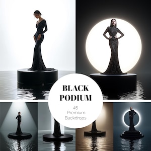 以下が含まれることがあります： 黒いドレスが黒い演台に立っている合成画像。白い円形の背景があります。「BLACK PODIUM」と「45 Premium Backdrops」の文字も表示されています。ドレスは長くエレガントです。