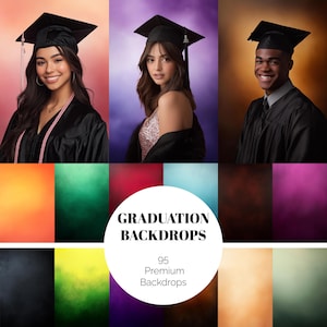 May include: A composite image featuring three graduates in caps and gowns against colorful backdrops. Below, a selection of 95 premium graduation backdrops in various colors, with the text "GRADUATION BACKDROPS" and "95 Premium Backdrops".