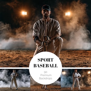 Puede incluir: Una colección de 90 fondos digitales con temática de béisbol, mostrando atletas con uniformes blancos sosteniendo bates de madera en un campo de tierra con luces de estadio y humo. El texto SPORT BASEBALL 90 Premium Backdrops está centrado.
