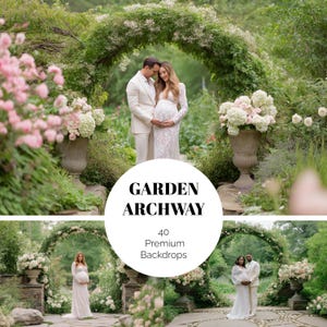 Peut inclure: Scène de jardin avec une arche florale et des couples. L'image présente un cercle blanc avec le texte "GARDEN ARCHWAY" et "40 Premium Backdrops". La scène comprend une verdure luxuriante, des fleurs et des urnes en pierre.