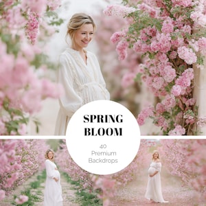 May include: A promotional image with the text "SPRING BLOOM" and "40 Premium Backdrops". The image features a woman in a white dress, surrounded by pink flowering trees. The overall theme is spring and maternity photography.