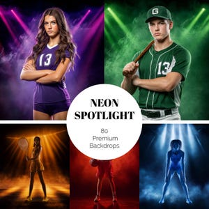 May include: A composite image featuring athletes in various sports, including volleyball, baseball, tennis, basketball, and a runner. The image is set against a backdrop of neon lighting and includes the text "NEON SPOTLIGHT" and "80 Premium Backdrops".