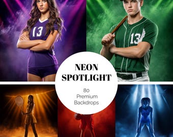 Pode incluir: Imagem composta com atletas de voleibol, basebol, ténis, basquetebol e corrida, sobre um fundo de luzes de néon. A imagem inclui o texto "NEON SPOTLIGHT" e "80 Premium Backdrops", sugerindo fundos temáticos.