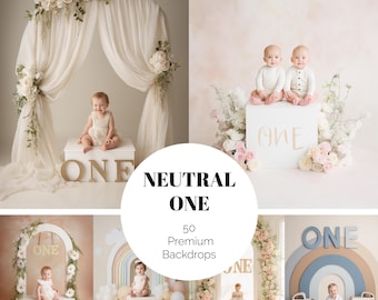 50 Neutral First Birthday Backdrops, Baby One Floral Backgrounds, Pastel Studio Baby Photo, Digital Download JPG