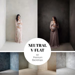Puede incluir: La imagen muestra a una persona embarazada con un vestido fluido, sobre un fondo neutro. La escena está dividida, con un lado que presenta una pared clara y texturizada y el otro una pared más oscura. También se ve el texto "NEUTRAL V-FLAT" y "50 Premium Backdrops".