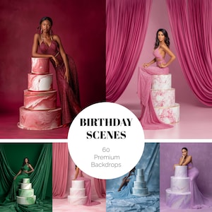 May include: A collage of images featuring birthday cakes and models in elegant gowns. The cakes have marble-like designs in shades of pink, white, and gold. The text "BIRTHDAY SCENES" and "60 Premium Backdrops" is displayed in a circular design.