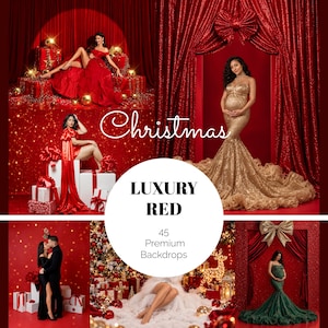 May include: A digital collection of 45 Christmas luxury red premium backdrops featuring various scenes with red curtains, gift boxes, gold and green gowns, and festive decorations with the text Christmas LUXURY RED 45 Premium Backdrops.