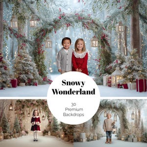 Può includere: Una scena del paese delle meraviglie invernale con bambini e sfondi. L'immagine presenta un ambiente forestale innevato con alberi di Natale, lanterne e scatole regalo. Il testo "Snowy Wonderland" e "30 Premium Backdrops" sono visualizzati.