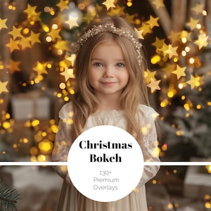 May include: A young girl with long blonde hair and a gold-toned headband smiles at the camera. The background features a bokeh effect with golden star-shaped lights. The image includes a white circle with the text "Christmas Bokeh" and "130+ Premium Overlays."