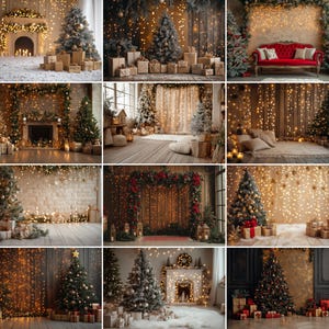 Könnte beinhalten: Eine Sammlung von Studio-Hintergründen zum Thema Weihnachten. Jede Szene zeigt geschmückte Weihnachtsbäume, verpackte Geschenke und warme Beleuchtung. Einige Szenen umfassen Kamine, Sofas und dekorative Girlanden.
