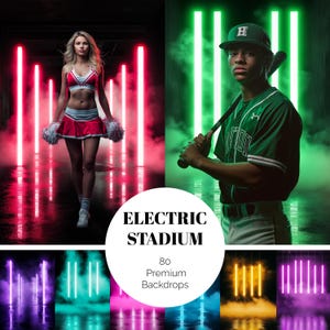 Könnte beinhalten: Das Bild zeigt eine Cheerleaderin in roter und weißer Uniform und einen Baseballspieler in grüner Uniform, vor Neon-Hintergründen. Der Text "ELECTRIC STADIUM" wird zusammen mit "80 Premium Backdrops" angezeigt.