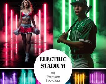 May include: The image showcases a cheerleader in a red and white uniform and a baseball player in a green uniform, set against neon light backdrops. The text "ELECTRIC STADIUM" is displayed, along with "80 Premium Backdrops."