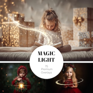Op de afbeelding: Een jong meisje leest een boek met een stroom sprankelend licht dat eruit komt. De afbeelding bevat de tekst "MAGIC LIGHT" en "75 Premium Overlays". Cadeaudozen zijn op de achtergrond te zien.