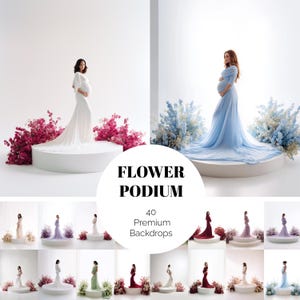Pode incluir: Fundos de fotografia de maternidade com mulheres em vestidos em plataformas circulares brancas. A imagem inclui o texto "FLOWER PODIUM" e "40 Premium Backdrops". Os fundos são decorados com arranjos florais coloridos.
