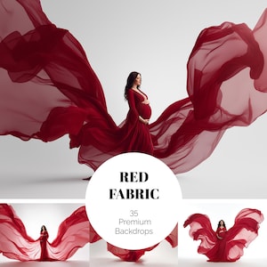 Può includere: Una donna con un lungo abito rosso, con scollatura a V profonda, culla il suo ventre incinta. L'abito e un'ampia fascia di tessuto rosso fluttuano intorno a lei. L'immagine include il testo "RED FABRIC" e "35 Premium Backdrops."