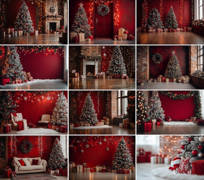 60 Red Christmas Digital Backdrops Holiday Christmas Background ...