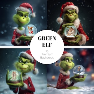 Puede incluir: Un collage de cuatro imágenes presenta un personaje verde con un traje y gorro de Papá Noel rojos, sosteniendo bolas de nieve con varias escenas. El texto "GREEN ELF" y "15 Premium Backdrops" se muestra en un círculo blanco.
