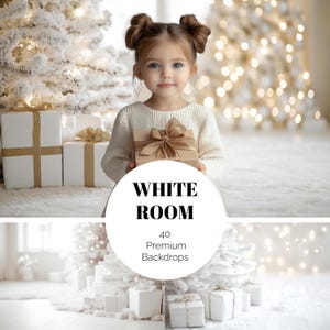 Könnte beinhalten: Ein junges Mädchen hält eine verpackte Geschenkbox mit einer Schleife, umgeben von weißen Weihnachtsbäumen und Geschenken. Das Bild hat eine weiche, warme Ästhetik mit dem Text "WHITE ROOM" und "40 Premium Backdrops".