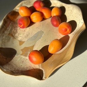 Organic shape natural tones stoneware ceramic fruit bowl charcuterie cheese  plate hors d&#39;oeuvres minimalist platter table center piece.