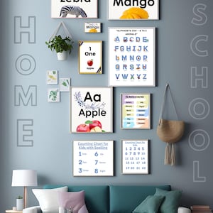 Paquete de tarjetas didácticas y gráficos Montessori para preescolar: aprendizaje del ABC 123, alfabeto y números del 1 al 20, arte mural bohemio imprimible para el aula.