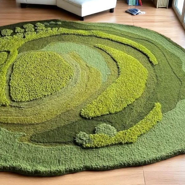 Tapete de lã verde musgo: design circular espiralado - tapete fofo