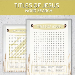 May include: Two printable word search puzzles titled "Titles of Jesus" with an answer sheet. The puzzles feature a grid of letters with words related to Jesus hidden within. The background has wheat stalks.