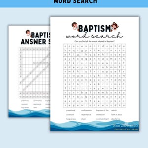 May include: Two printable word search puzzles with the title "Baptism Word Search". One is the answer sheet, and the other is the puzzle with a grid of letters. The puzzles have a blue and white wave design at the bottom and feature the text "Buen Samaritano".