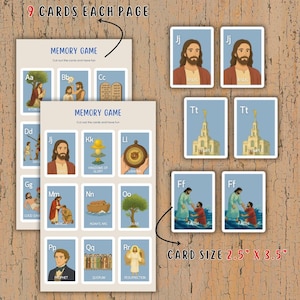 Puede incluir: Un juego de memoria imprimible con 9 cartas por página. Las cartas presentan ilustraciones de historias y personajes bíblicos, como el Arca de Noé, el buen samaritano y el profeta José Smith. Las cartas miden 2,5 pulgadas por 3,5 pulgadas.