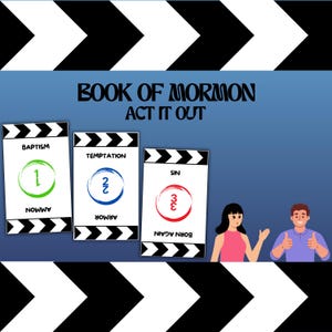 Puede incluir: La imagen presenta tres tarjetas: "Bautismo", "Tentación" y "Pecado", cada una con un número y color. El texto "Book of Mormon Act It Out" se muestra arriba. También hay dos personajes de dibujos animados.