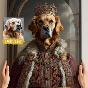 Könnte beinhalten: Gerahmtes Porträt eines Golden Retriever-Hundes mit Krone und aufwendigen roten und goldenen Roben. Ein kleineres Bild des Hundes befindet sich in der oberen linken Ecke. Die Texte "Dein Tier" und "Dein Kunstwerk" sind sichtbar.
