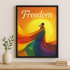 Freedom Printable Wall Art – Woman Wrapped in LGBT Rainbow Flag | LGBTQ+ Digital Download Poster for Pride Decor